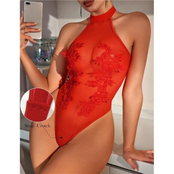 Women Teddy Lingerie Sexy Mesh Bodysuit Light Red - Picture 1 of 6